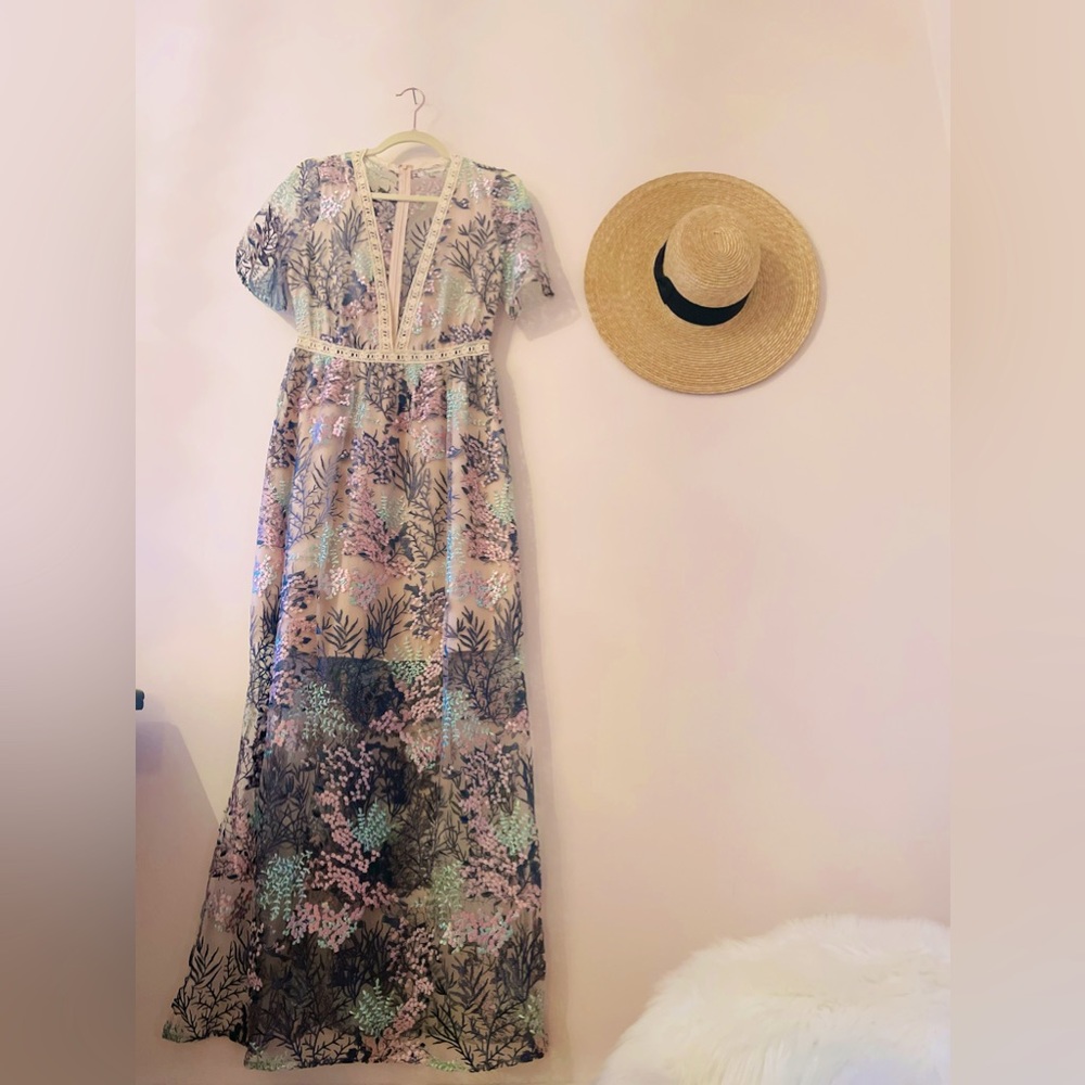 One-of-a-kind maxi dress. Couture. Deep V-neck elegance. Never worn.